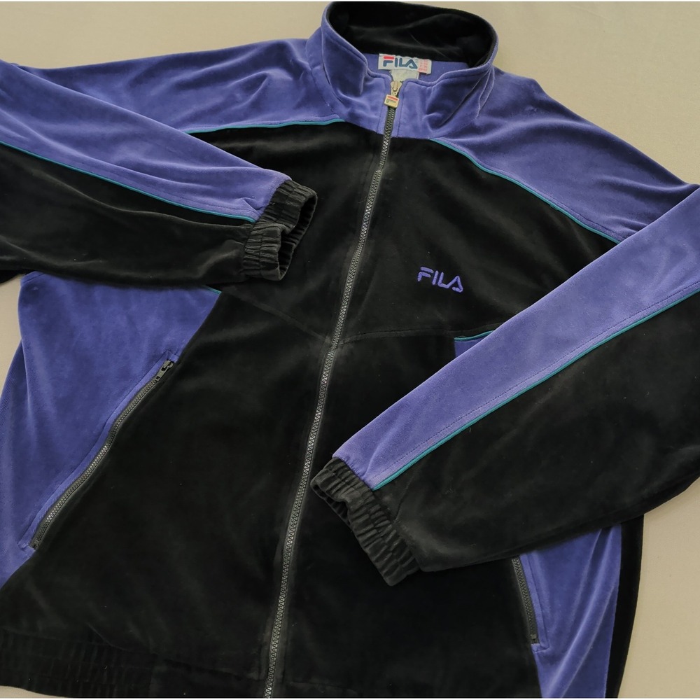 Vtg Fila Velour Track Jacket Men's XL Black/Purple Colorblock Streetwear Hiphop